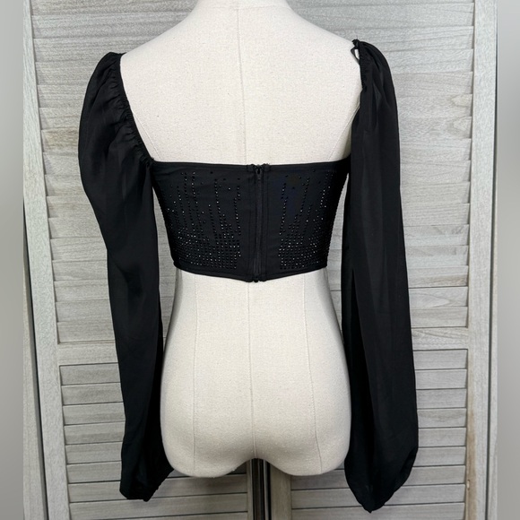 WINDSOR Cropped Beaded Top with Sheer Sleeves Black-Small - Picture 3 of 3